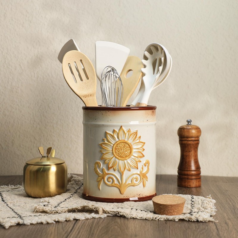 SOCOSY Ceramic Retro Sunflower Embossed Kitchen Utensil Holder, Large Cooking