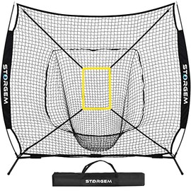 Storgem Baseball and Softball Practice Net 7Ã7ft Portable Hitting Pitching Batting Training Net Baseball Backstop Net with Batting Tee and Strike Zone and Bow Frame and Carry Bag (Black Net)