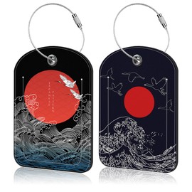 Japanese Storks and Wave Leather Luggage Tag for Suitcase 2 Pack Luggage Tag with Privacy Name ID Label and Stainless Steel Loop for Travel Bag Suitcase