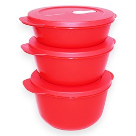 Tupperware Set of 3 Crystalwave Microwave Bowls 4.25, 6.25 and 8.5 Cup Red