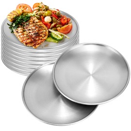 QWORK 304 Stainless Steel Dishes - 8 Inch, 10 Pack 18/8 Tableware Round Stainless Steel Plates for Kitchen, Picnic, Camping, BBQ, and Parties