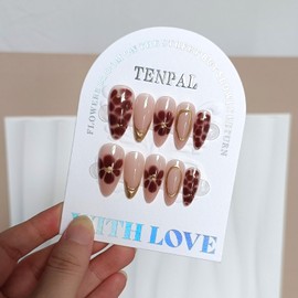 TENPAL Marled Brown Floral French Tips Press on Nails Medium Almond,3D Petal Designs False Nails Tips,Autumn-Winter Fake Nails Kit with Tools,Elegant Soft Gel Stick on Nails for Everyday Nail 24pcs