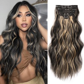 NAYOO Clip in Hair Extensions for Women 20 Inch Long Wavy Curly Black Mix Blonde Hair Extension Full Head Synthetic Hair Extension Hairpieces (6PCS, Black Mix Blonde)