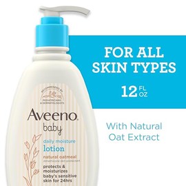 Aveeno Baby Loción corporal Daily Moisture para pieles delicadas, avena coloidal natural y dimeticona, loción hidratante hipoalergénica para bebés, sin fragancia, ftalatos ni parabenos, 12 onzas líquidas