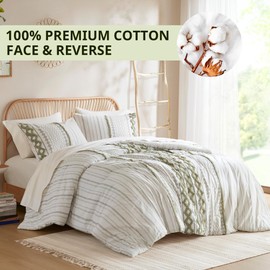 INK+IVY Comforter for Queen Size Bed, Chenille Tufted, Breathable Cotton Comforter Set, All Season Modern Boho Comforter with Farmhouse Bedding Flare, 2 Matching Shams, Queen Sage Green/Ivory 3 Piece