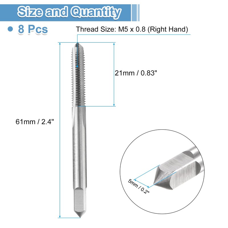 sourcing map 8pcs Straight Flute Thread Tap, M5 x 0.8