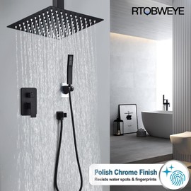 RTOBWEYE 12 Inch Shower Faucet Set Ceiling Mount, High Pressure Rainfall Shower System, Square Rain Shower Spray Combo Luxury Shower Fixtures Matte Black