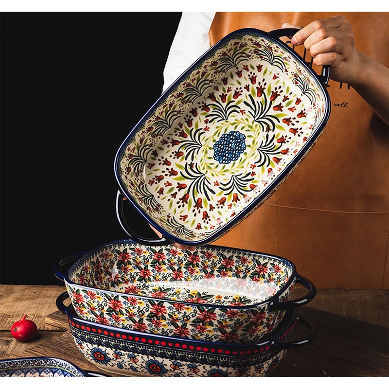 Bicuzat Vintage Style Tulip Flower Pattern Ceramic Bakeware Casserole Dish