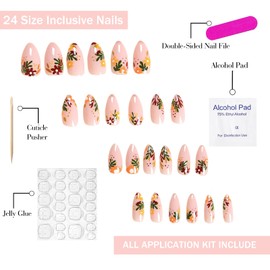 Christmas Press on Nails Short Almond OFDNE Winter Fake Nails False Nails with Designs Flower Leaves Nude Full Cover Glossy Glue on Nails Stick on Nails Xmas Acrylic Nails for Women Girls 24 Pcs