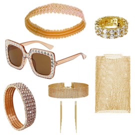 7 Pack 70s Disco Accessories Women,Disco Costume Accessories Disco Jewelry Disco Attire for Women for 70s Dress up Party(Gold)