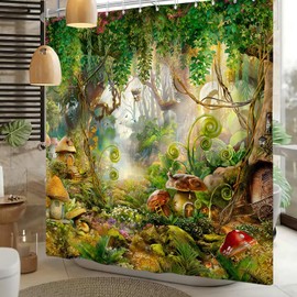 Xiaoterna Fairy Tale Forest Shower Curtain Mushroom Green Tree Grass Bathroom Curtain Spring Magic Enchanted Forest Fantastic Jungle Shower Curtain Machine Washable Waterproof Fabric 180x180cm