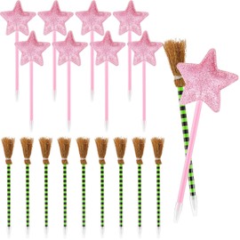 Geyoga 20 Pack Princess and Witch Party Favors Including 10 Pcs Star Ballpoints and 10 Pcs Witch Broom Pens Pink Pentagram Wand Broom Shape Pens for Party Supplies Decorations Gifts(Green Stripes)