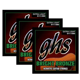 GHS Bright Bronze Acoustic Guitar Strings - 80/20 Copper-Zinc Alloy, Extra Light (.011-.050) - BB20X-3 SET (3 SETS)