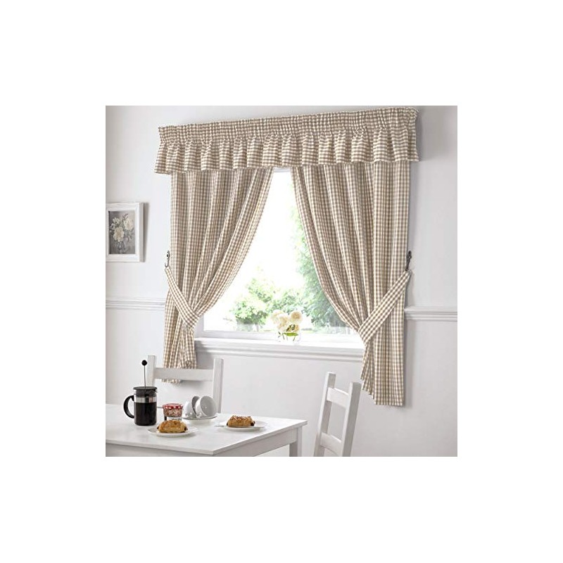Gingham Check Kitchen Tape Top Curtains - Beige (46" Wide