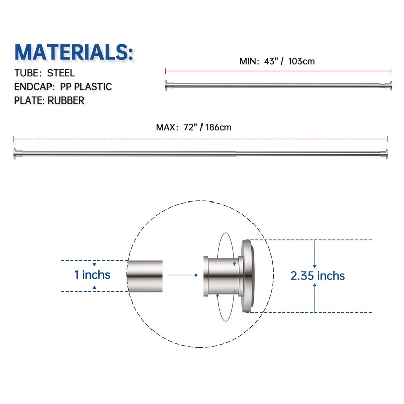 BRIOFOX Industrial Shower Curtain Rod - Never Rust Non-Slip 43-72