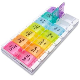 Weekly Pill Boxes 7 Day 2 Times a Day Monday - Sunday, AM PM, Easy to Open, Pill Organiser 2 Times a Day | 7 Day 2 Compartments Day and Night with Push Buttons, Weekly Pill Organiser - Large