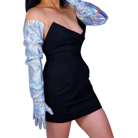 DooWay Super Long Leather Gloves for Women Faux Patent PU Oversize Full Arm 35 incehs Shiny Hologram Silver