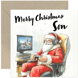 Funny Christmas Card for Son - Santa Claus Playing Video Games Christmas Card for Teenage Son - Family Merry Christmas Greeting Cards for Him