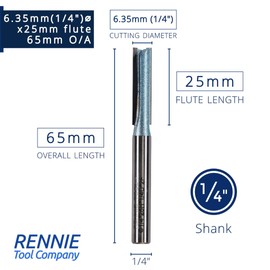 Rennie Tools - 6.35mm (1/4") Cutting Diameter x 25mm Flute x 1/4" Shank TCT Tipped 2 Flute Straight Router Cutter Bit. Compatible With Makita Bosch Trend Katsu Dewalt Router Etc. 6.3mm Router Bit