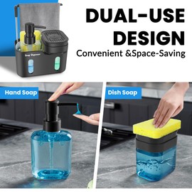 Dual Soap Dispenser Set for Kitchen Sink, 4-in-1 Hand & Dish Soap Dispenser with Sponge Holder, Brush Storage & Dishcloth Hanger, Removable & Non-Slip Design, Black