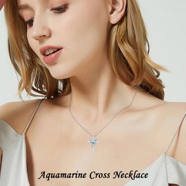 TOUPOP Aquamarine Cross Necklace for Women Sterling Silver Birthstone Cross Necklace Heart Cross Pendant March Birthstone Jewelry Valentines Day Anniversary Birthday Gifts for Her Wife Girlfriend Mom