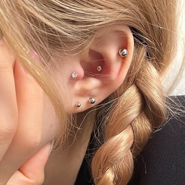 DIALI Flat Back Earrings for Women,Silver Studs Earring Hypoallergenic Earring Surgical Steel Small Cartilage Earrings Cubic Zirconia/Ball/Corss/Dot/Pearl Screw Back Earrings (12 Pairs stud -Silver)