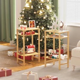 YUFAM 28in Tall Bamboo Side Table 3-Tier Small Narrow End Table, Skinny Nightstand for Small Space, Farmhouse Slim Night Stand with Storage for Couch, Wooden Thin Bedside Table, Natural