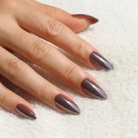 Uñas postizas de almendra con pegamento esmaltado cromado marrón, manicura de calidad de salón para mujer, 15 tamaños, 30 unidades