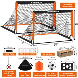2 Pack Kids Soccer Goals for Backyard Set, 4x3 ft Portable Pop Up Soccer Goal, Kids Soccer Net Training Equipment with Soccer Target, Ball, Cones, for Ages 3-12 Outdoor Sports Games Gifts