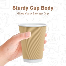 Luckypack Hot Paper Cups 150 Pack Coffee Cups, Paper Coffee Cup 12 oz Disposable Insulated Corrugated Sleeve Ripple Wall Hot Beverage Cups Suitable for Drink, Party and Any Occasions （Kraft）