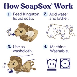 SoapSox Kids Bath Sponge (Kingston The Lion), Soft Washcloth Toy for Fun and Easy Bath Time with Built-in Finger and Soap Pockets, Machine Washable & Dryer Safe, Polyester Terry Cloth