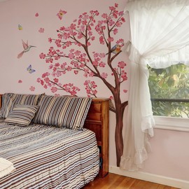 Mestiker Wall Sticker Pink Flower Cherry Blossom Tree Small Bird Pink Peach Blossom Tree Branch Bird Butterfly Wall Paper Fashion Removable Waterproof Wall Sticker Decoration Indoor Waterproof Wall