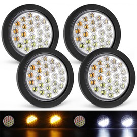 Partsam 4x 4 Inch Round Amber White Strobe Lights Dual Color 24 LEDs Trailer Truck Stop Turn Tail Warning Flash Light With Rubber Grommet 3-Prong Wire Pigtails, 12V, Clear Lens