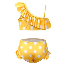 CHILDRENSTAR - Traje de baño de dos piezas para niñas con un solo hombro, Amarillo punteado, 6-7 Años