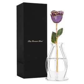 Forever Rose Bloom Box Bundle, 24K Gold Dipped Amethyst Rose, The February Birthstone, Real 24k Gold Dipped Rose, Hand Dipped, 11" to 12" in a Beautiful Phantom Vase and Blooming Box