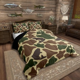 Erosebridal Bass Fish Comforter Set King Size Fishing Camo Bedding Set 3Pcs Rustic Farmhouse Down Comforter Army Camouflage Bed Set Vintage Brown Green Decor Duvet Insert Outdoor Camping Gifts