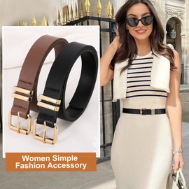 LEACOOLKEY 2 Pack Women Belts for Jeans,Ladies Leather Waist Belt for Pants Dresses with Gold/Silver Buckle,balck+coffee,fit waist size 33"-37"