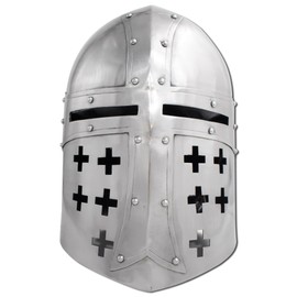 Medieval Warrior Knight Sugarloaf Armor Crusader Helmet with Wooden Display Stand Reenactment Helmet | Cosplay SCA (Silver)