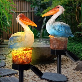 Leinuosen 2 Pack Solar Pelican Statues Outdoor Decorations Garden Sculpture Stake Decor Ocean Bird Art Waterproof Ornaments for Backyard Porch Lawn Walkway Patio Yard