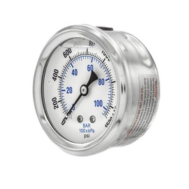 PIC Gauge 202L-254N Glycerin Filled Industrial Center Back Mount Pressure Gauge with Stainless Steel Case, Brass Internals, Plastic Lens, 2-1/2" Dial Size, 1/4" Male NPT Connection Size, 0/1500 psi Range