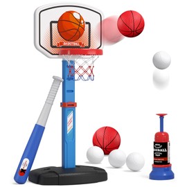 HYES 2 in 1 Kids Basketball Hoop and T Ball Set - Adjustable Height, Kids Baseball Tee with Automatic Pitching Machine, Indoor Outdoor Sport Toys Gifts for Toddler Boys Girls Age 1-5, Blue