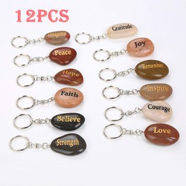 ROCKIMPACT 12pcs Engraved Inspirational Keychains, Natural River Stone Key Rings, Wholesale Faith Rocks, Novelty Healing Stone Key Chain Bulk, Assorted Sayings