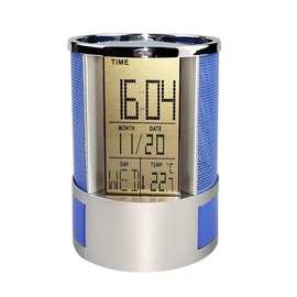 Ieron Handmade Leather Tags Date Pen Holder Time Display Pen Holder with Alarm Clock Wire Mesh Perpetual Calendar Safe Pen Organizer Metal Desk Clock for Office Home