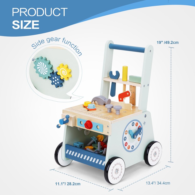 2-in-1 Baby Push Walker - Wooden Push Walker and Tool