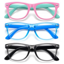 Okany Blue Light Glasses for Kids 3 Pack Blue Light Blocking Glasses for Teen Boys Girls Age 3-10,Computer Screen Gaming TV Phone Glasses Anti Glare,UV & Eye Strain (Grey Black+Pink Green+Blue)