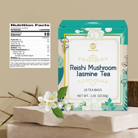 GANOHERB Reishi Mushroom Jasmine Tea, Adaptogen Ganoderma Lucidum Herbal Tea for Immune Health Boost, Stress Relief, Caffeine-Free, No Sugar, 1.06 OZ