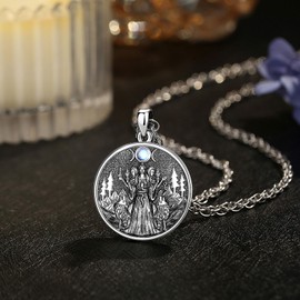 AEONSLOVE Hecate Goddess Medal Silver 925 Goddess Lilith Chain for Women, Hecate Wheel Necklace, Triple Moon Goddess Pendant, Witch Jewellery, Sterling Silver Sterling silver Moonstone