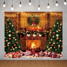 Christmas Backdrop 10x8ft Fireplace Xmas Tree Rustic Wall Interior Photography Background Family Kids Christmas Party Banner Decorations Backdrops Photo Studio Props Supplies