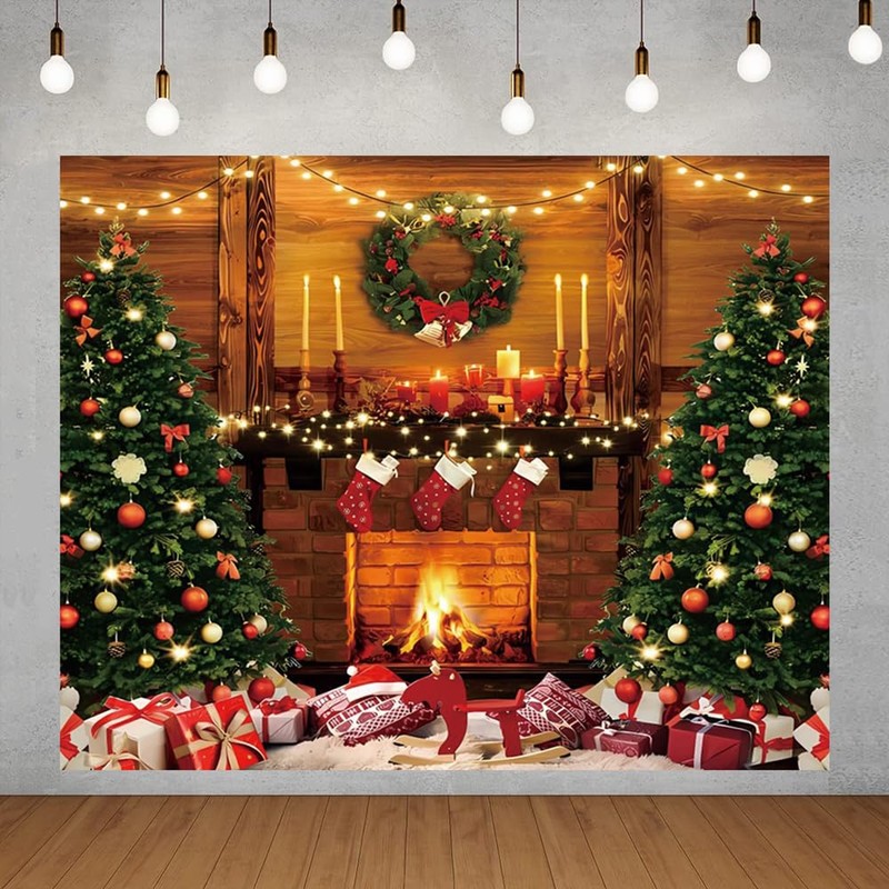 Christmas Backdrop 10x8ft Fireplace Xmas Tree Rustic Wall Interior Photography