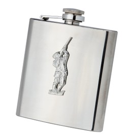 Farm Cottage Brands 6oz Oblong Stainless Steel Hip Flask with Funnel in a Presentation Box - with a pewterware Motif of a Man Shotgun Shooting